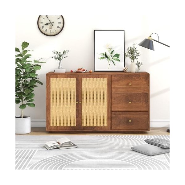 kubeier Meuble TV en chêne Massif avec tiroir en Bois, Meuble TV avec 3 tiroirs et 2 Portes, Buffet Bas avec poignées en méta