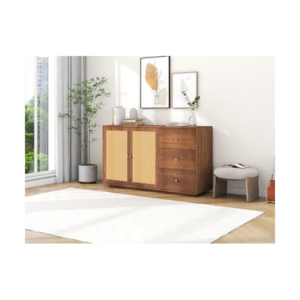 kubeier Meuble TV en chêne Massif avec tiroir en Bois, Meuble TV avec 3 tiroirs et 2 Portes, Buffet Bas avec poignées en méta