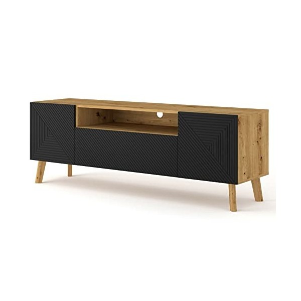 BB Loisir Meuble TV Noir Mat fraisé/chêne Artisan 160 cm LUXI Meuble Hi-FI sideboeard Commode sur Pied