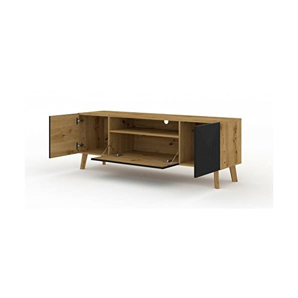 BB Loisir Meuble TV Noir Mat fraisé/chêne Artisan 160 cm LUXI Meuble Hi-FI sideboeard Commode sur Pied