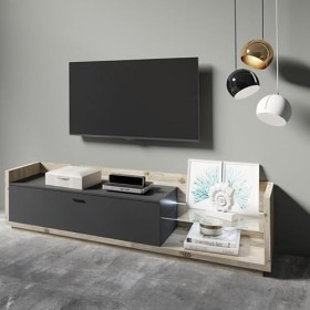 PRICE FACTORY just for you Meuble TV XL 220cm. Collection Cork. Coloris Pin et Gris Anthracite