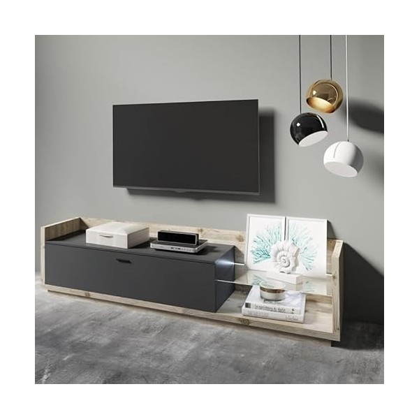 PRICE FACTORY just for you Meuble TV XL 220cm. Collection Cork. Coloris Pin et Gris Anthracite