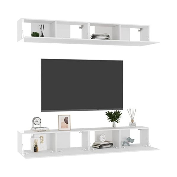 Hotorun Lot de 4 meubles TV pour le salon - 100 x 30 x 30 cm - Matériau du bois - Blanc brillant - Armoire murale tendance - 