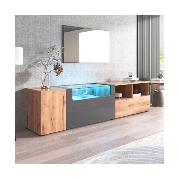 RCBDBSM Meuble TV, Meuble TV, Table TV avec 3 Portes darmoire, 2 Compartiments Ouverts, Meuble TV, étagère TV avec éclairage