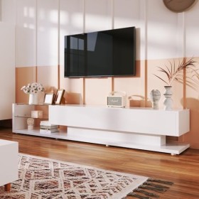 kubeier Meuble TV avec lumières LED, Meuble TV Bas, Meuble TV, Buffet avec 2 tiroirs, cloisons en Verre, Meuble TV Blanc Bril