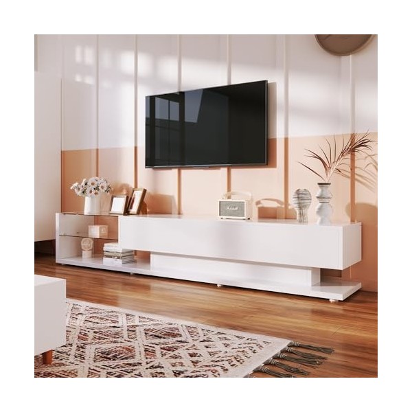 kubeier Meuble TV avec lumières LED, Meuble TV Bas, Meuble TV, Buffet avec 2 tiroirs, cloisons en Verre, Meuble TV Blanc Bril