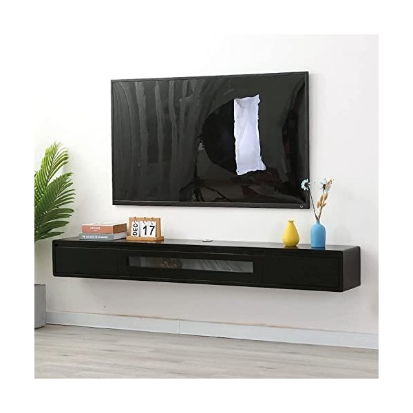 MABIBI Meuble TV mural noir à suspendre - Meuble TV flottant en bois massif de 140 cm - Meuble TV mural - Table de rangement 