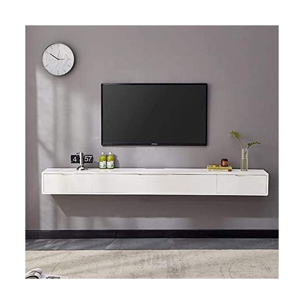 MABIBI Meuble TV mural flottant blanc avec 2 tiroirs – Centre de divertissement mural en bois massif de 120 à 140 cm pour écr