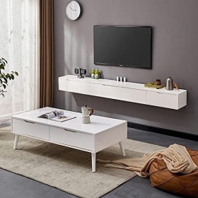 MABIBI Meuble TV mural flottant blanc avec 2 tiroirs – Centre de divertissement mural en bois massif de 120 à 140 cm pour écr