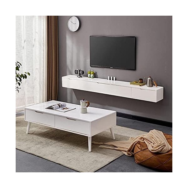 MABIBI Meuble TV mural flottant blanc avec 2 tiroirs – Centre de divertissement mural en bois massif de 120 à 140 cm pour écr
