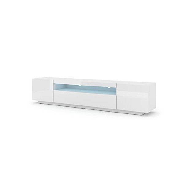 BIM Furniture Aura Armoire de télévision Basse Universelle Suspendue ou Debout 200 cm Blanc Mat/Blanc Brillant avec LED 