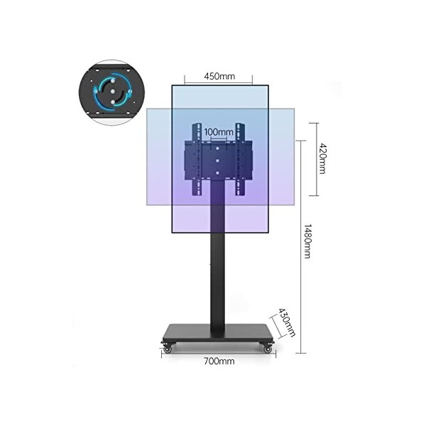 Pied TV Support Universel Support TV rotatif – Chariot TV mobile sur roulettes pour téléviseurs de 32 à 65 pouces, rotation h