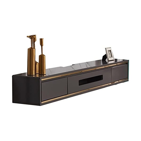 MABIBI MDF + Meuble TV en bois massif, console multimédia murale, support TV flottant avec 2 tiroirs, étagère vidéo O, noir/1