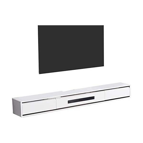 MABIBI MDF + Meuble TV en bois massif, console multimédia murale, support TV flottant avec 2 tiroirs, étagère vidéo O, noir/1