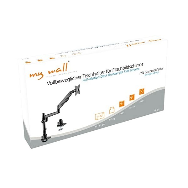 myWall HL 51-1 L Support pour Moniteur 17-32" avec Ressort de Pression en Verre, Charge jusquà 9 kg, VESA: 75/100