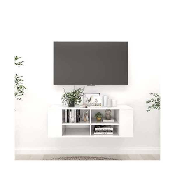 WIFESE Meuble TV Mural Blanc Brillant 102x35x35 cm Aggloméré Meuble Television Réglable Table TV Support de TV Décoration Sal