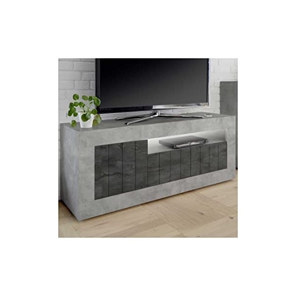 Tousmesmeubles Meuble TV 3 Portes Béton ciré Clair/foncé - LUBIO n°1 - L 138 x l 42 x H 56 cm - Neuf