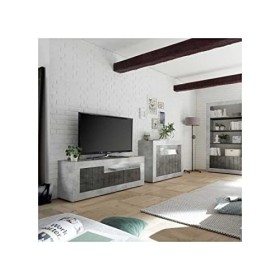 Tousmesmeubles Meuble TV 3 Portes Béton ciré Clair/foncé - LUBIO n°1 - L 138 x l 42 x H 56 cm - Neuf