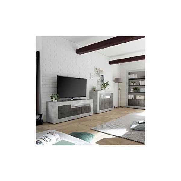 Tousmesmeubles Meuble TV 3 Portes Béton ciré Clair/foncé - LUBIO n°1 - L 138 x l 42 x H 56 cm - Neuf