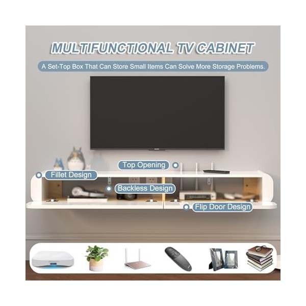 Unité TV Flottante Blanche, Center De Divertissement Mural, Console Multimédia 52,3 Pouces pour sous La Télévision, Petit Meu