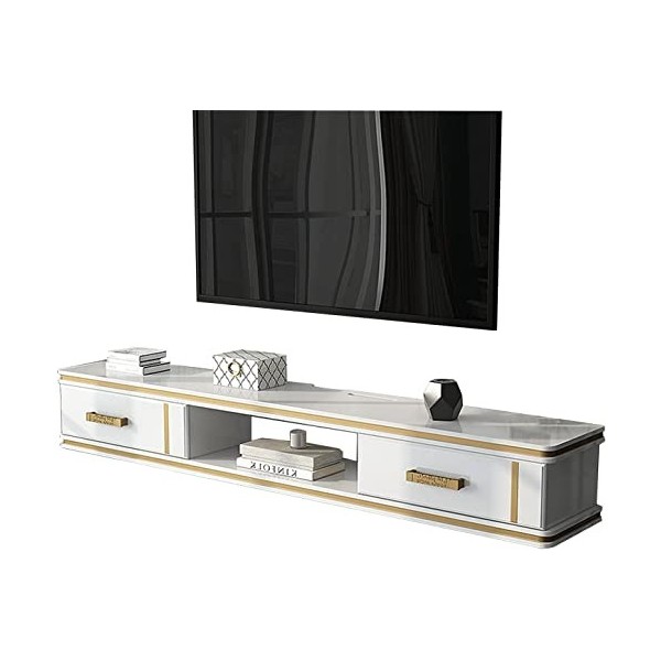 Meuble TV Flottant, Étagère de Rangement pour Meuble TV Mural avec 2 Tiroirs, Bois de Pin, Console Multimédia Murale, Support