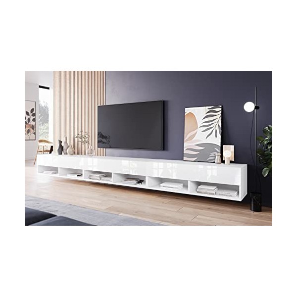 Piaski LOWBOARD A Meuble TV 300 cm sans éclairage LED, grand TV, différentes couleurs Blanc brillant 