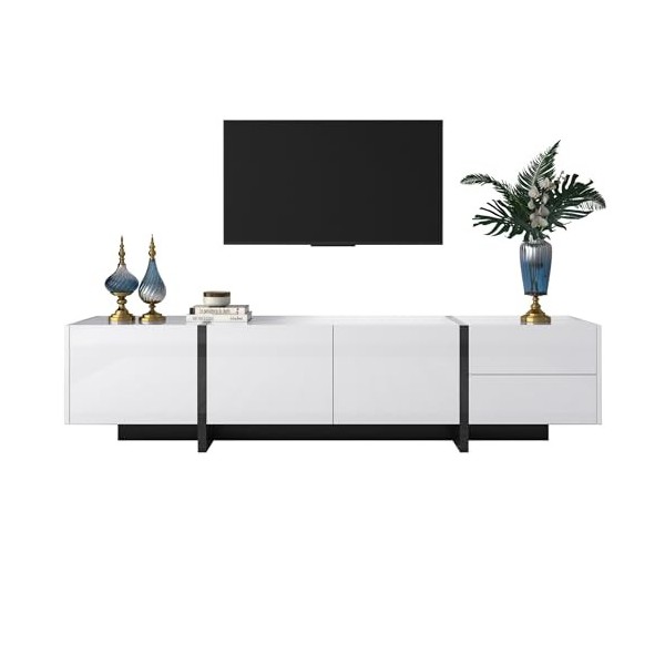Meuble TV au Design Moderne, Meubles TV, Meuble TV Bas avec Pieds Color Block en Blanc et Noir Brillant, Meuble TV, Table TV,