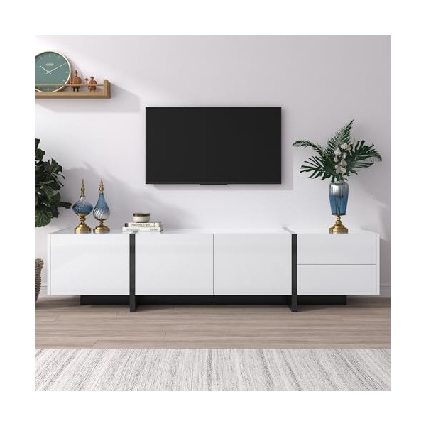 Meuble TV au Design Moderne, Meubles TV, Meuble TV Bas avec Pieds Color Block en Blanc et Noir Brillant, Meuble TV, Table TV,