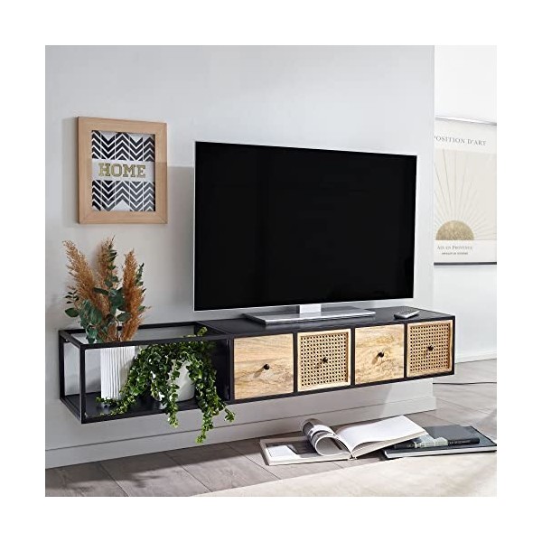 WOHNLING Meuble TV Suspendu Manguier Bois Massif et Métal 150x25x35 cm Lowboard TV Commode | Étagère pour la télévision Mural