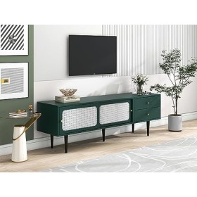 kubeier Meuble TV élégant avec Portes coulissantes en rotin et tiroirs Pratiques, Vert avec rotin Blanc, 2 tiroirs, 2 Portes 