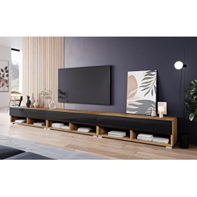 PIASKI LOWBOARD A Meuble TV 300 cm sans éclairage LED, Grand Meuble TV, Meuble TV, Couleur wotan/Noir Brillant