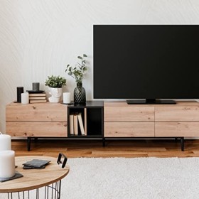 HOMIFAB Meuble TV Effet chêne et métal Noir 195 cm - Sintra