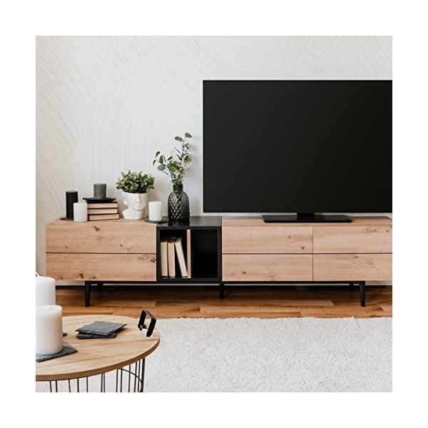 HOMIFAB Meuble TV Effet chêne et métal Noir 195 cm - Sintra