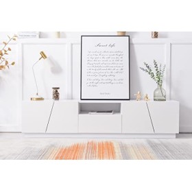 Auroglint Meuble TV moderne, grande capacité, meuble de rangement pour salon, style patchwork diagonal, blanc