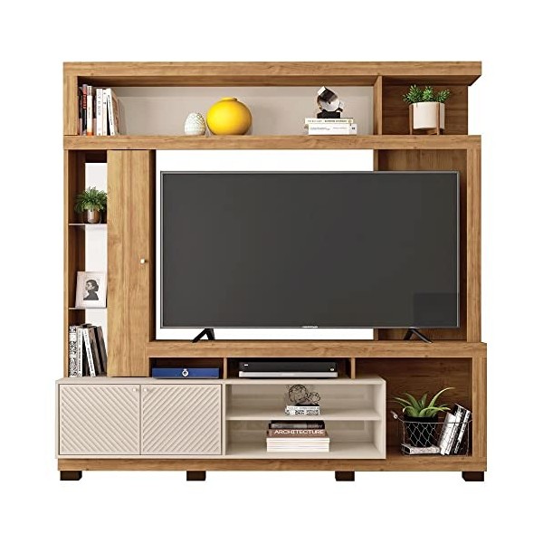 Caemmum Meuble TV Mural 65 Pouces Chêne et Ecru 16 Niches