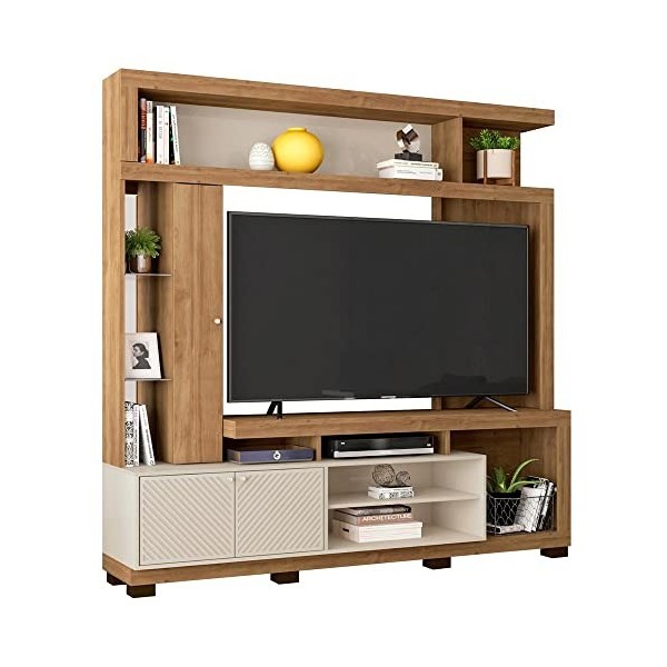 Caemmum Meuble TV Mural 65 Pouces Chêne et Ecru 16 Niches