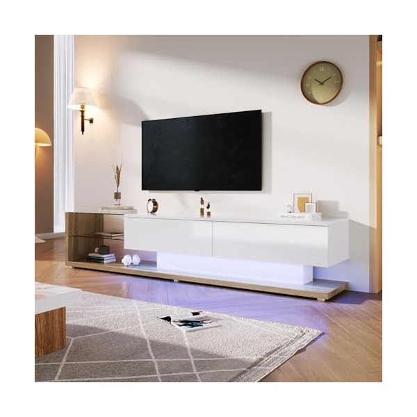 RCBDBSM Meuble TV lowboard Meuble TV avec 2 tiroirs spacieux Meuble TV avec étagères en Verre et éclairage LED pour Salon Cha
