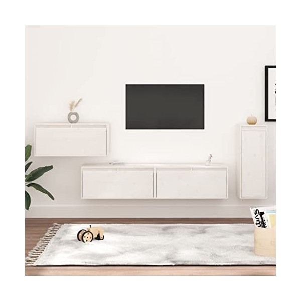 Meubles TV 4 pcs Blanc Bois Massif de pin - Meuble TV de Salon Banc Télé Industriel, Support Rangement Console Jeux Etagères