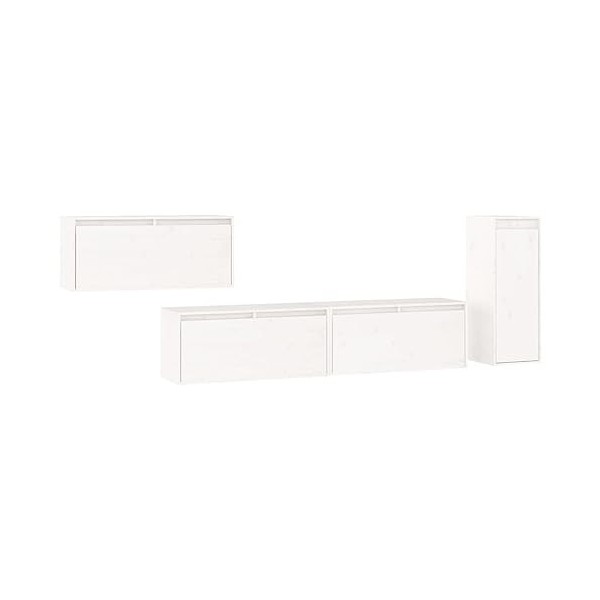 Meubles TV 4 pcs Blanc Bois Massif de pin - Meuble TV de Salon Banc Télé Industriel, Support Rangement Console Jeux Etagères