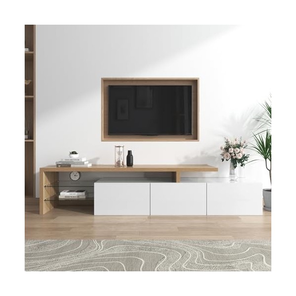 Meuble Mural Bas TV Blanc 197 x 39 x 42 cm Meuble TV avec Bandes Lumineuses LED Sept Couleurs, Banc TV Moderne, Meuble de Sal