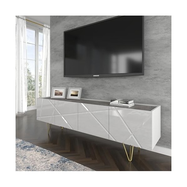 Meuble TV Space 180 cm 4D - Meuble TV moderne avec façade fraisée en MDF - Meuble bas avec 4 portes pour le salon - Pieds en 
