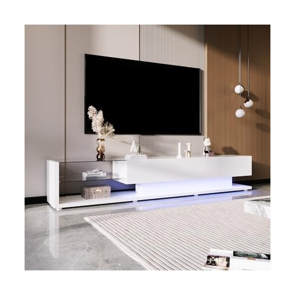 kubeier Meubles TV, Panneaux Bas, cloisons en Verre Blanc Brillant et éclairage LED Variable. Il Combine Un Style Naturel et