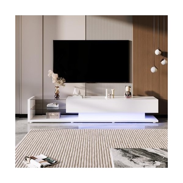 kubeier Meubles TV, Panneaux Bas, cloisons en Verre Blanc Brillant et éclairage LED Variable. Il Combine Un Style Naturel et