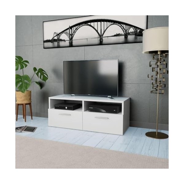 Suuim Meuble TV en Bois avec 2 étagères et 2 armoires en Bois dingénierie 37,4" x13,8 x14,2 Chêne et Blanc Blanc Mat 