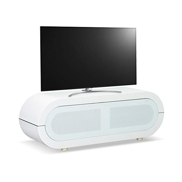 MDA Designs Lacerta BeamThru Meuble TV en verre avec cadre chromé pour écran plat jusquà 70" Blanc