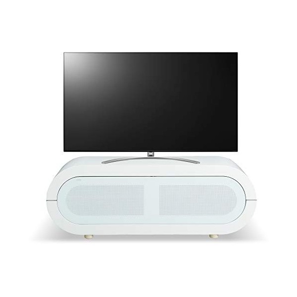 MDA Designs Lacerta BeamThru Meuble TV en verre avec cadre chromé pour écran plat jusquà 70" Blanc