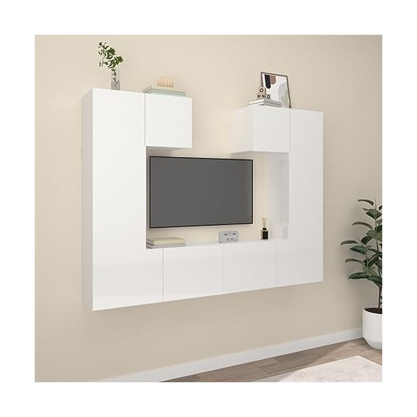 ZEYUAN Ensemble de Meubles TV 6 pcs Blanc Brillant Bois dingénierie,Meuble TV,Table Basse Salon Meuble TV,Table Basse LED Co