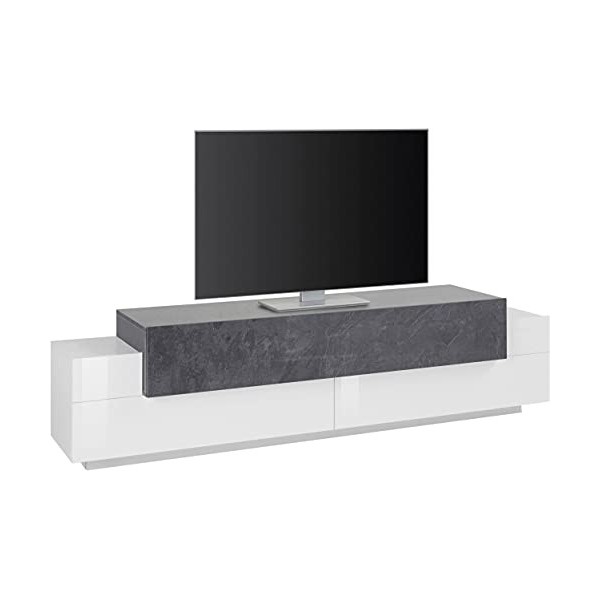 Dmora Meuble, fabriqué en Italie, support pour TV de salon à 3 portes et étagères, 200 x 45 x H 52 cm, couleur blanc brilla