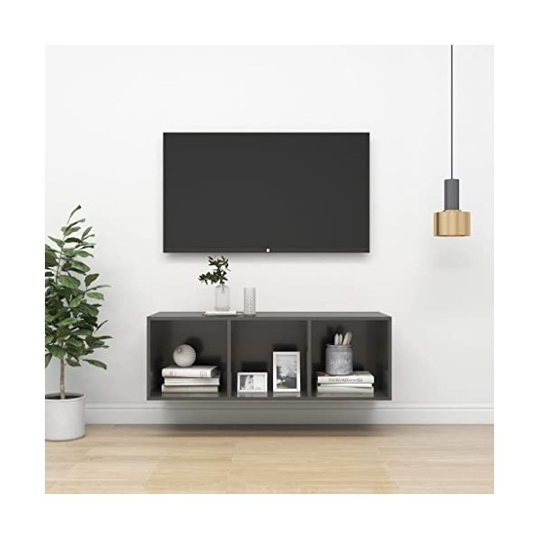 Meuble TV Murale | Style Contemporain | Rangement matériel télé Audio Video Gaming | 37x37x107cm Gris Brillant