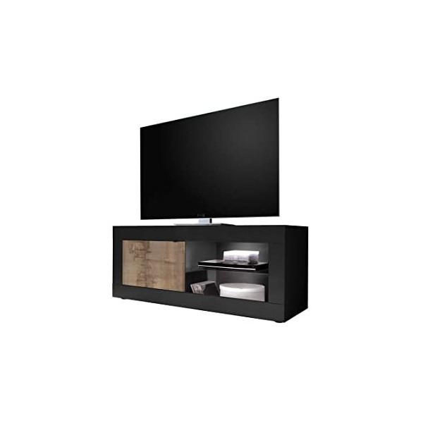 Tousmesmeubles Meuble TV 1 Porte 2 niches Noir Mat/Bois fumé à LEDs - Matera - L 140 x l 43 x H 56 cm - Neuf